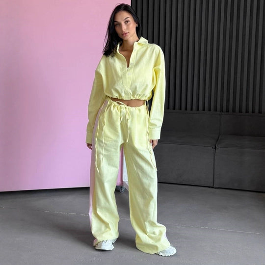 Damen Zweiteiliges Baumwoll-Leinen-Loungewear-Set mit Cropped-Hemdbluse und weitem Tunnelzug-Hose Shop Nory