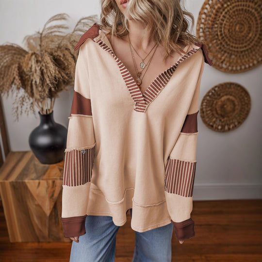 Damen Oversize Sweatshirt mit V-Ausschnitt, gestreiften Ärmelaufsätzen und Kontrastdetails Shop Nory