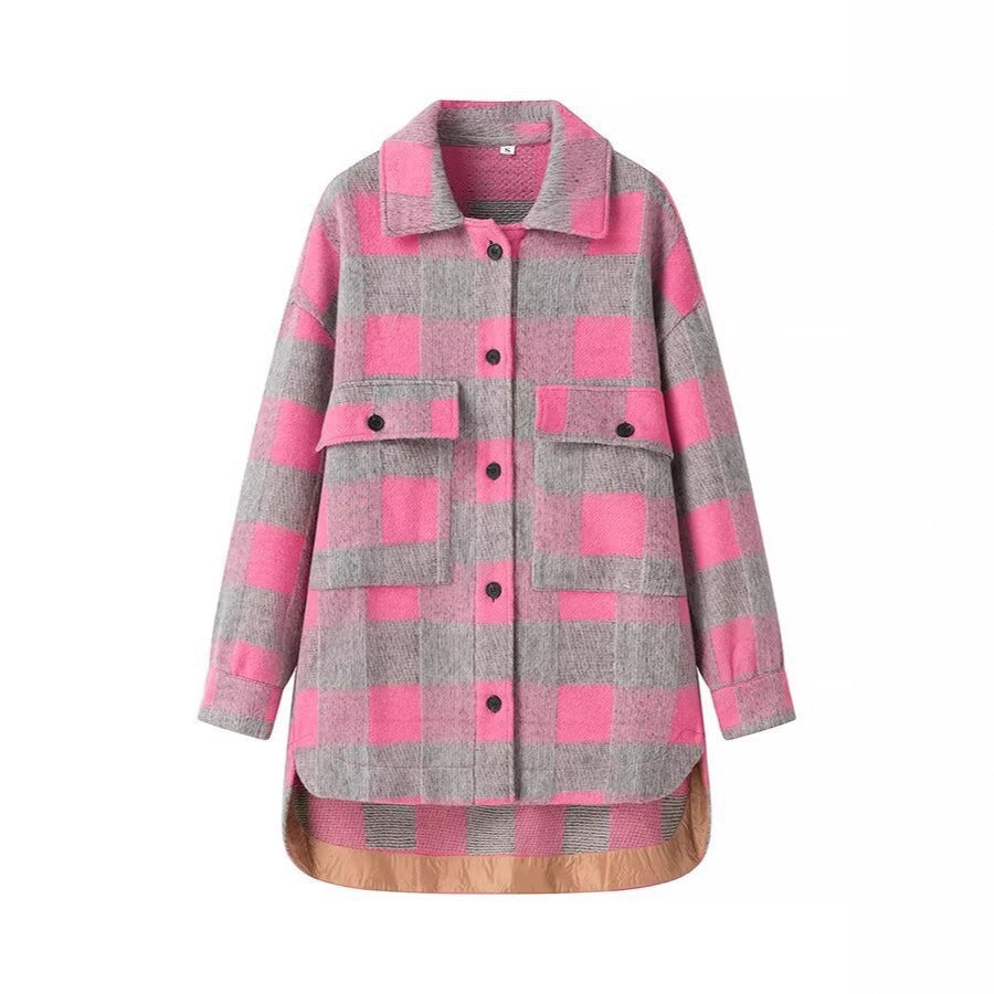 Damen Oversized Hemdjacke im Karo mit großen Pattentaschen und gerundetem Saum Shop Nory