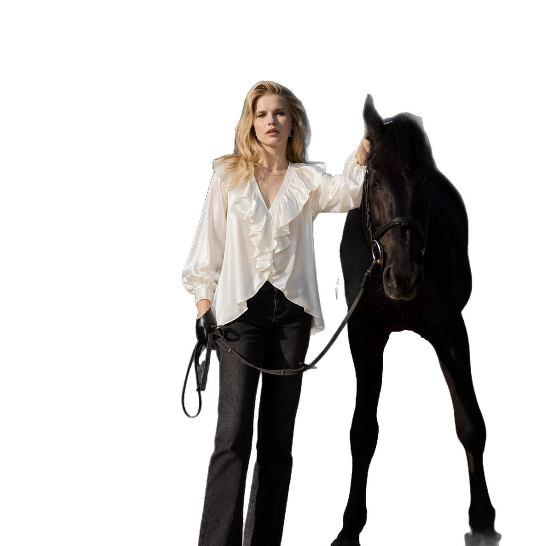 Damen schimmernde V-Neck Rüschenbluse mit Ballonärmeln und elastischen Bündchen Shop Nory