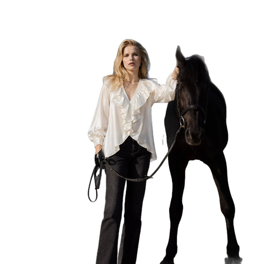 Damen schimmernde V-Neck Rüschenbluse mit Ballonärmeln und elastischen Bündchen Shop Nory