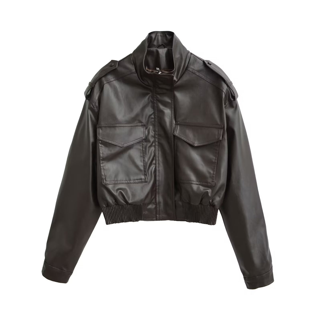 Damen Kurze PU-Leder-Bomberjacke mit hohem Stehkragen, Pattentaschen und Schulterklappen Shop Nory