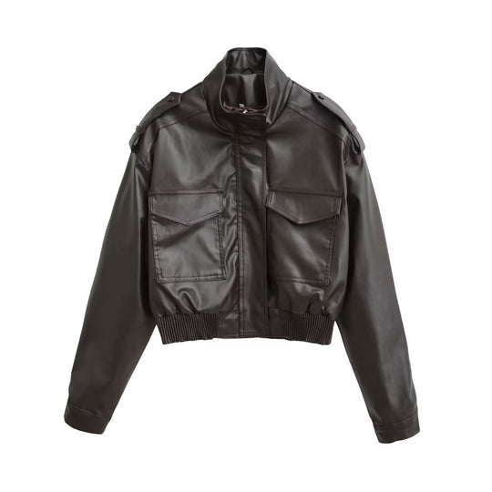 Damen Kurze PU-Leder-Bomberjacke mit hohem Stehkragen, Pattentaschen und Schulterklappen Shop Nory