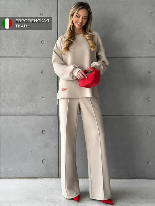 Damen eleganter Lounge-Zweiteiler mit Oversize-Sweatshirt und taillierter Weitbein-Hose Shop Nory