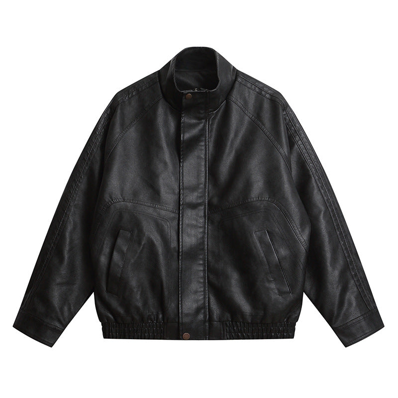 Herren Lederähnliche Bomberjacke mit Stehkragen, verdeckter Druckknopfleiste und elastischem Saum Shop Nory