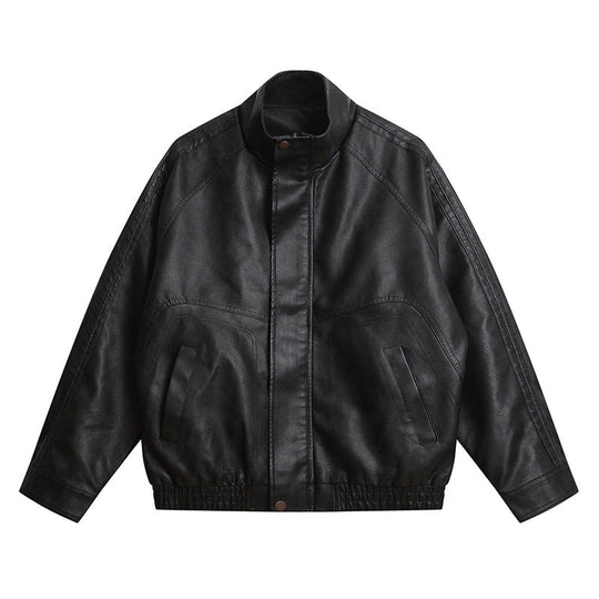Herren Lederähnliche Bomberjacke mit Stehkragen, verdeckter Druckknopfleiste und elastischem Saum Shop Nory