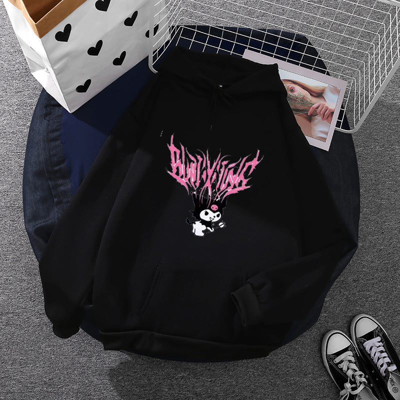 Damen nan lockeres Kapuzensweatshirt aus angerautem Fleece mit Kängurutasche und kawaii-Charakter-Print Shop Nory