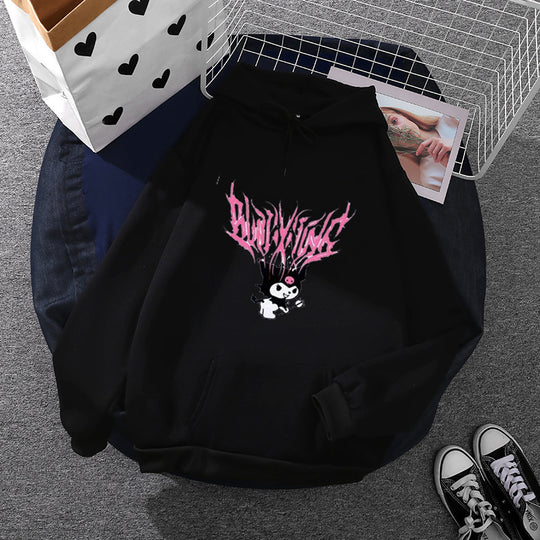 Damen nan lockeres Kapuzensweatshirt aus angerautem Fleece mit Kängurutasche und kawaii-Charakter-Print Shop Nory