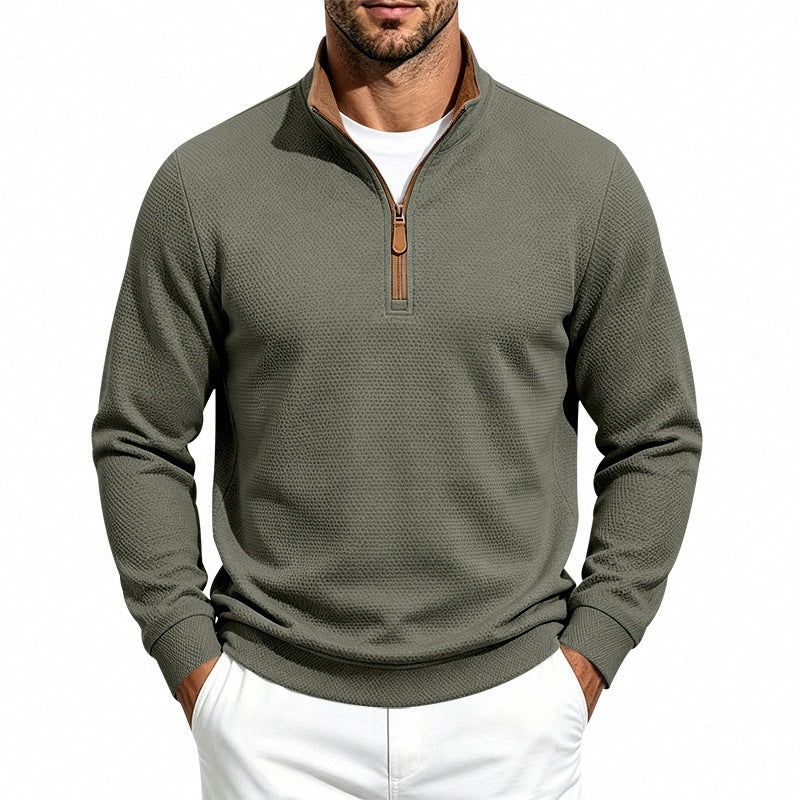 Herren Struktur-Halbzipp-Pullover mit Stehkragen und Kontrastinnenkragen Shop Nory