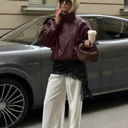 Damen Kurz geschnittener Lederblouson mit hohem Stehkragen, kastiger Silhouette und voluminösen Ärmeln Shop Nory