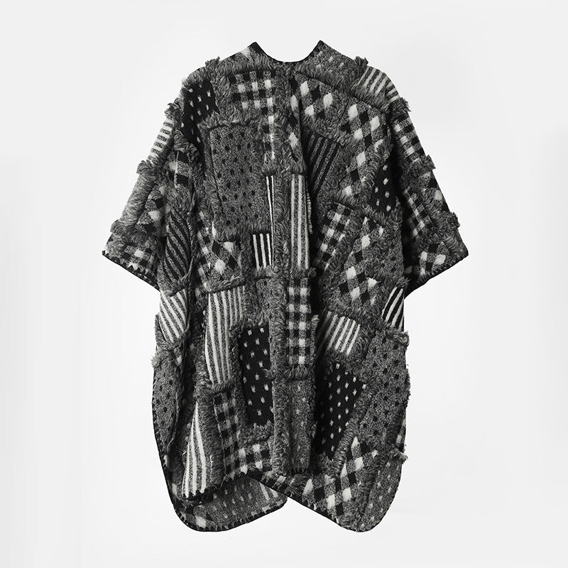 Damen Oversize-Patchwork-Cape im Bouclé- und Jacquard‑Mix mit kastiger Kurzarm-Silhouette Shop Nory