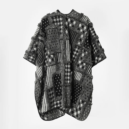 Damen Oversize-Patchwork-Cape im Bouclé- und Jacquard‑Mix mit kastiger Kurzarm-Silhouette Shop Nory