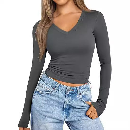 Damen Figurnahes Langarm-Cropped-Shirt mit V-Ausschnitt und elastischem Taillenbund Shop Nory