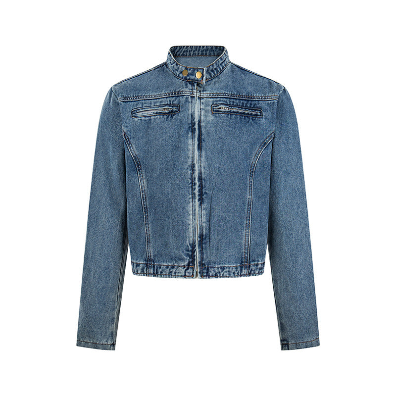 Damen Kurz geschnittene taillierte Jeansjacke mit Stehkragen und verdecktem Reißverschluss Shop Nory