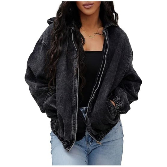 Damen Oversize Jeansjacke mit Kapuze, Reißverschluss und gerafftem Saum Shop Nory