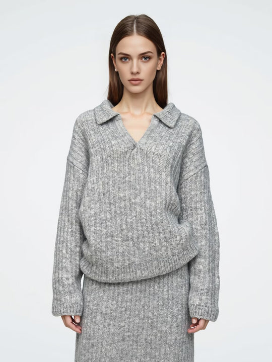 Damen Oversize-Grobstrick-Set mit Polokragen und Midirock Shop Nory