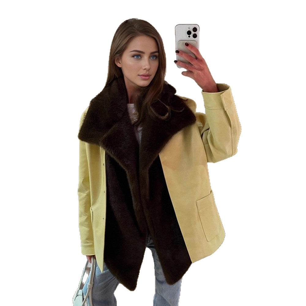 Damen Eleganter Oversize-Mantel aus Veloursleder‑Optik mit voluminösem Faux‑Fur‑Schalkragen Shop Nory