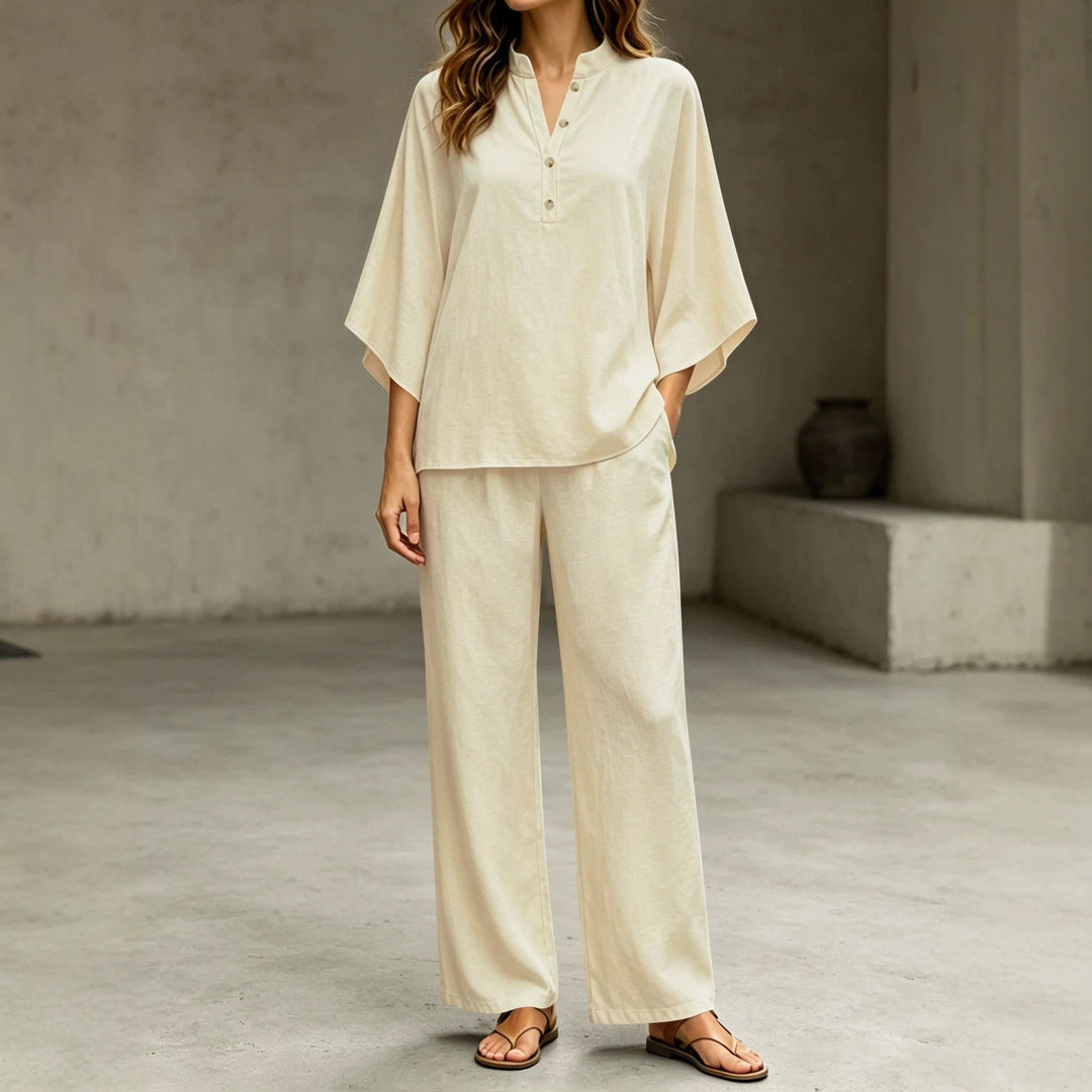 Damen Leichtes Jersey-Set mit Oversize-Henleybluse, Kimonoärmeln und weiter Bundhose Shop Nory