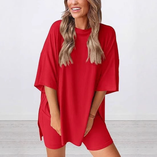 Damen Lässiges Lounge-Set mit übergroßem Oberteil und kurzen Hosen