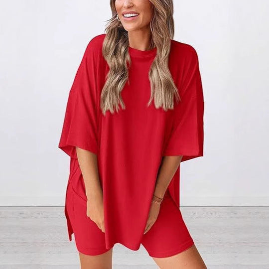 Damen Lässiges Lounge-Set mit übergroßem Oberteil und kurzen Hosen