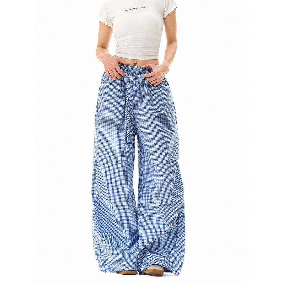 Damen Weite Baumwollhose mit elastischem Bund, Karomuster und verstellbarer Saumkordel Shop Nory
