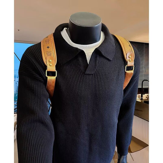 Herren Struktur-Strickpullover mit Polokragen und V‑Schlitz Shop Nory
