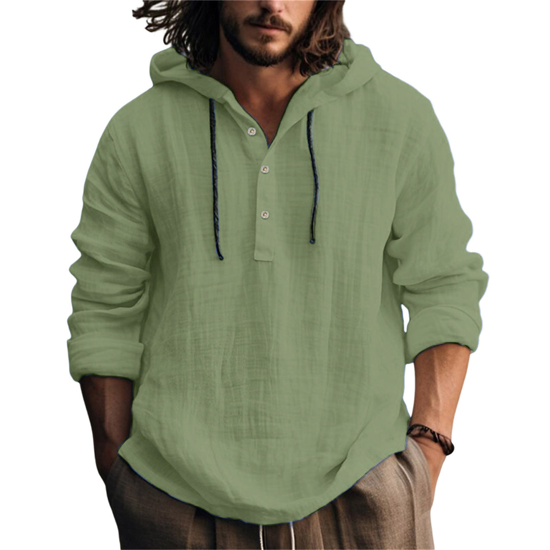 Herren Leichtes Kapuzenhemd im Leinenlook mit Henley-Knopfleiste Shop Nory