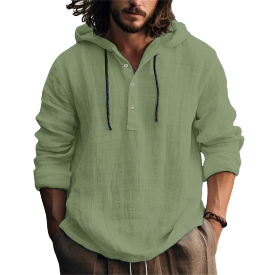 Herren Leichtes Kapuzenhemd im Leinenlook mit Henley-Knopfleiste Shop Nory