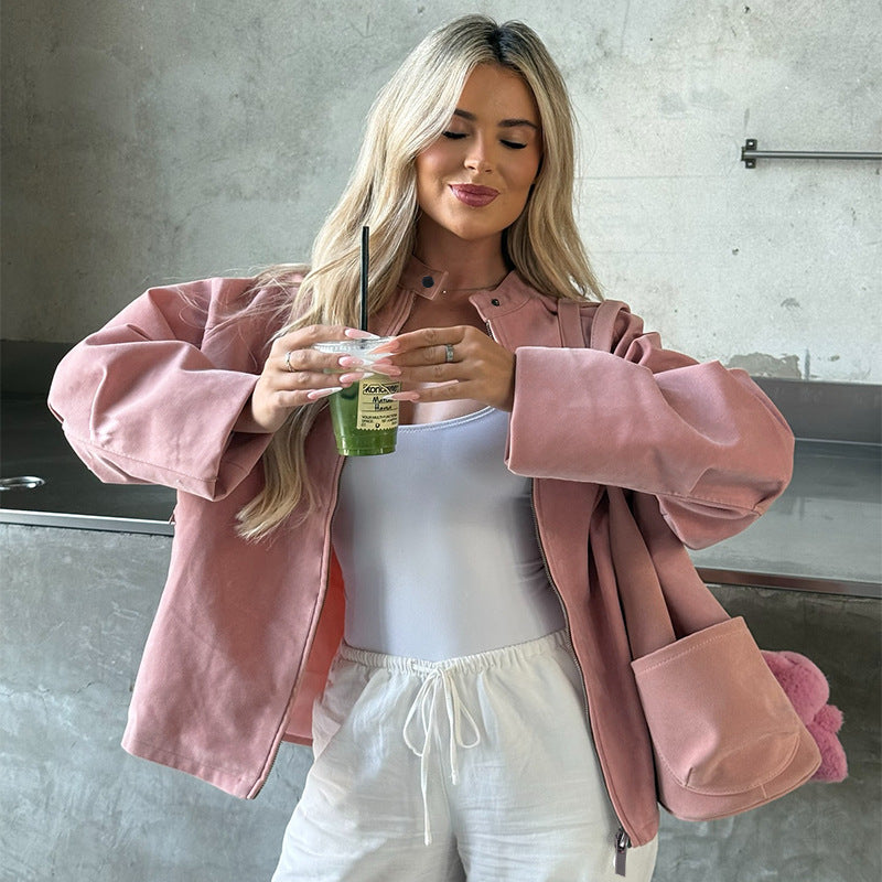 Damen Oversized Canvas-Übergangsjacke mit Stehkragen, Reißverschluss und großen aufgesetzten Taschen Shop Nory