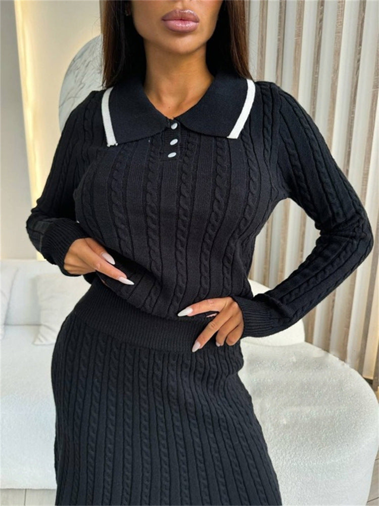 Damen Zweiteiliges Zopfstrick-Kleid mit Taillenbund und Polokragen Shop Nory