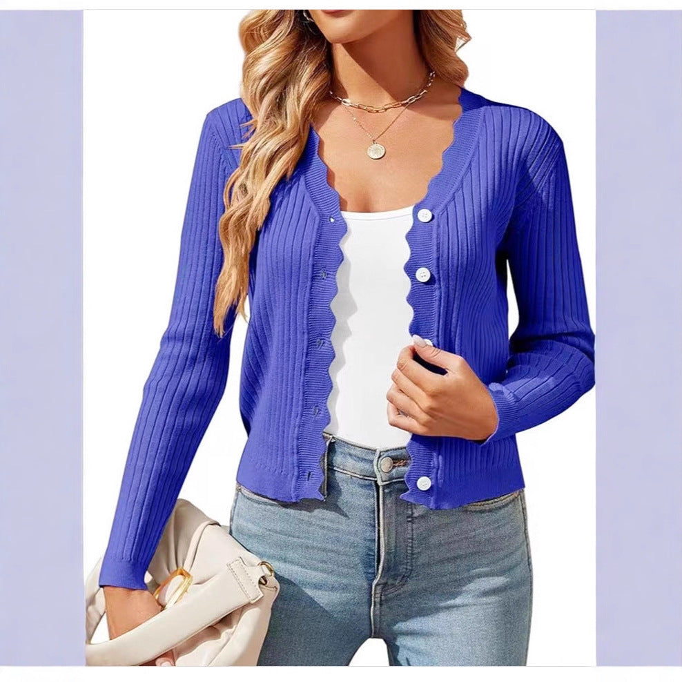 Damen Feiner Rippstrick Cropped-Cardigan mit Wellensaum und dekorativer Knopfleiste Shop Nory