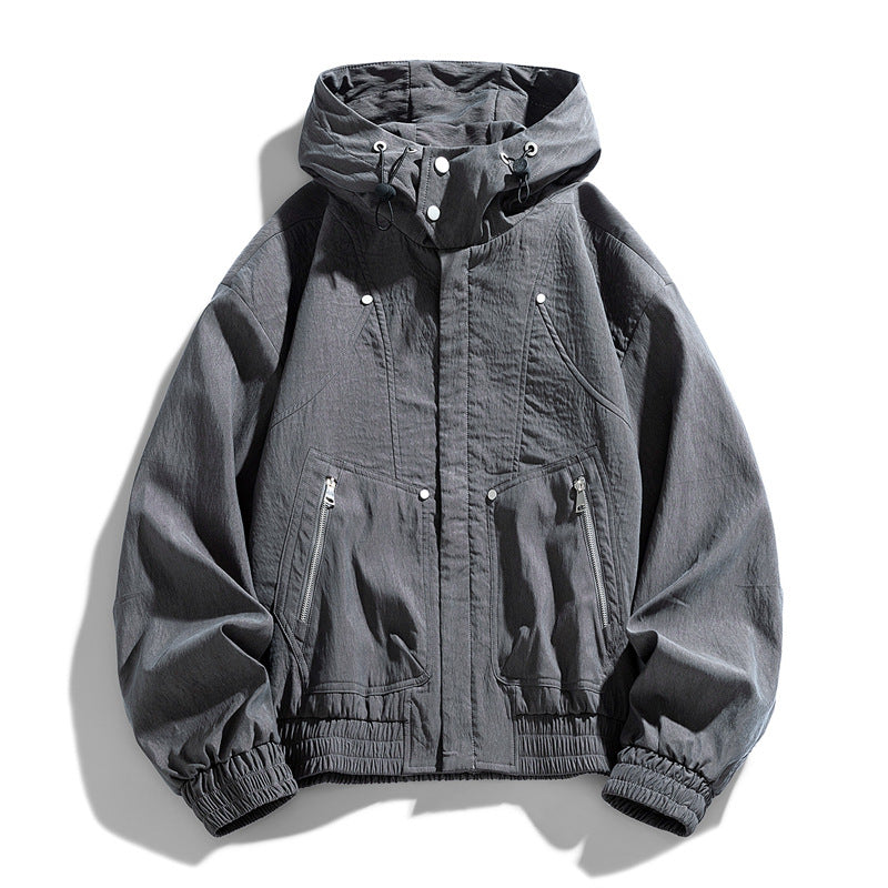 Herren Oversize Canvas-Utility-Kapuzenjacke mit versteckter Druckknopfleiste und Reißverschlusstaschen Shop Nory