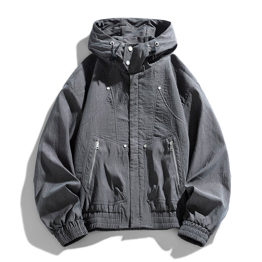 Herren Oversize Canvas-Utility-Kapuzenjacke mit versteckter Druckknopfleiste und Reißverschlusstaschen Shop Nory