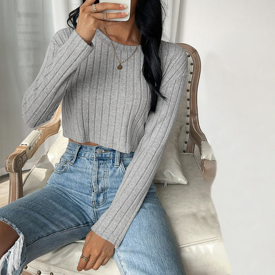 Damen kurzes geripptes Cropped-Strickoberteil mit Rundhalsausschnitt und tailliertem Schnitt Shop Nory