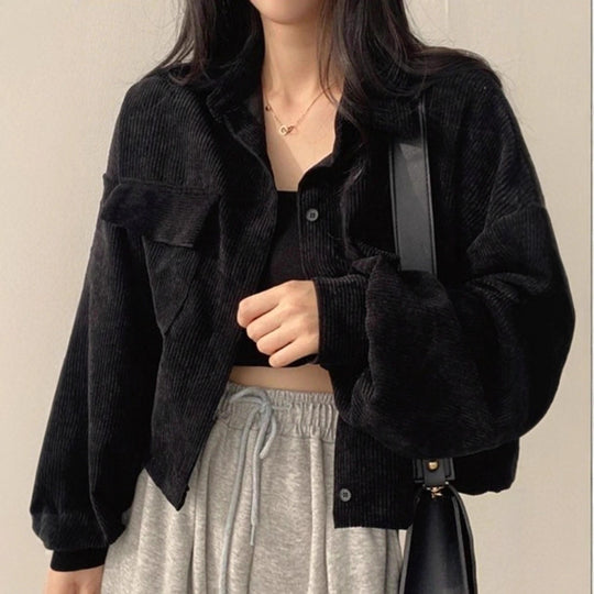 Damen Kurzgeschnittene Cordjacke mit Oversize-Ärmeln und Brusttaschen Shop Nory