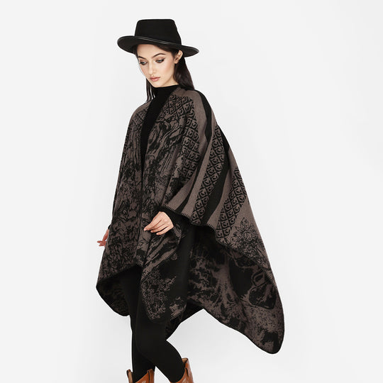 Damen Jacquard-Strickcape mit Stehkragen und grafischem Waldmotiv Shop Nory
