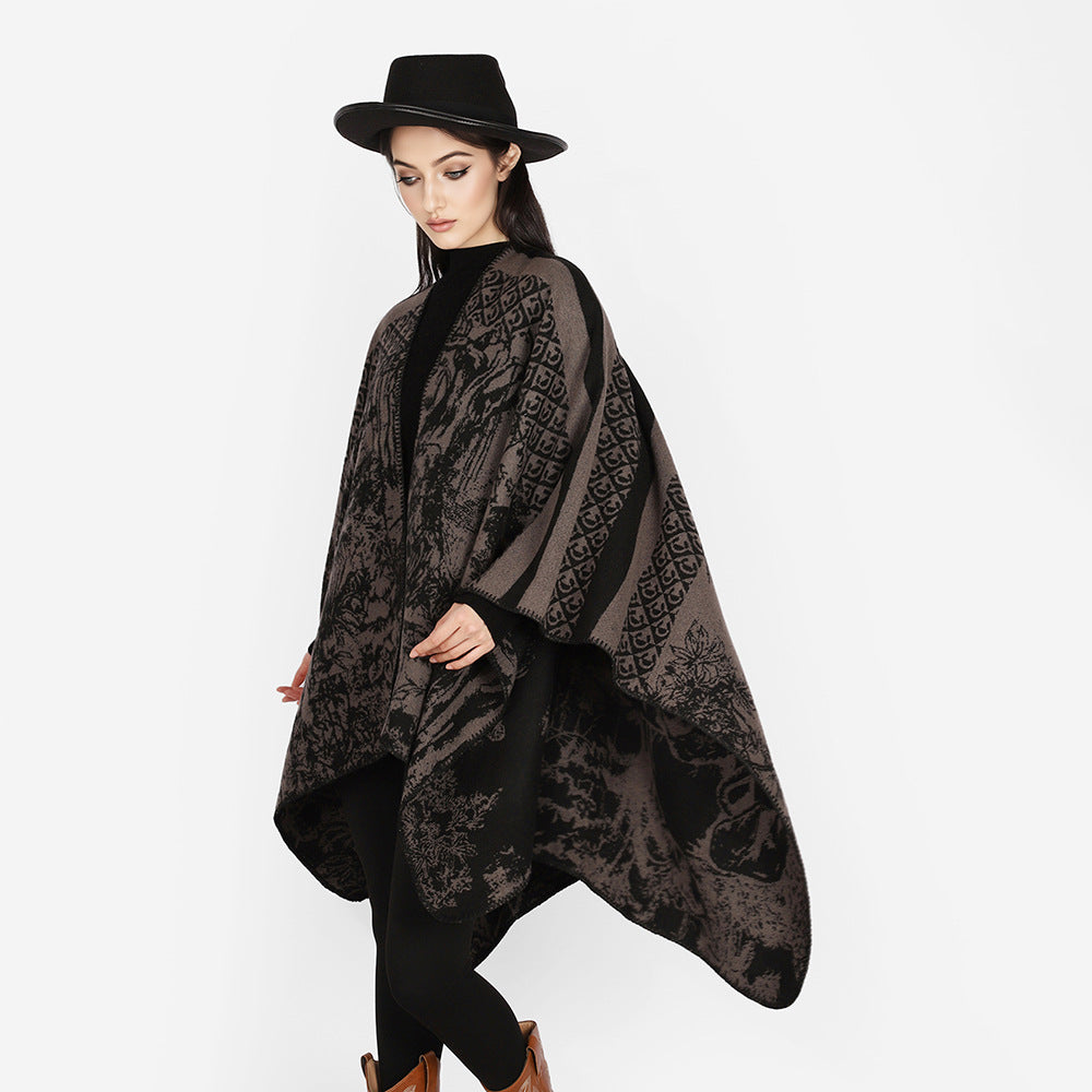 Damen Luxuriöser Jacquard-Motivponcho mit asymmetrischem Zipfelsaum Shop Nory