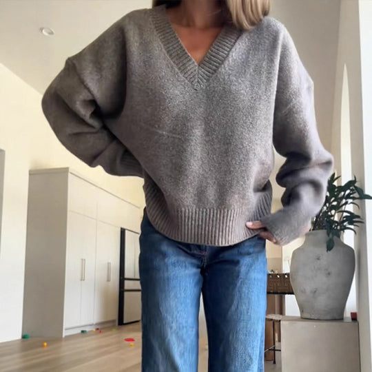 Damen Oversized V-Ausschnitt Strickpullover mit geripptem Saum Shop Nory