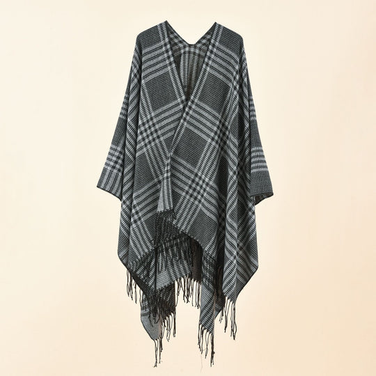 Damen Ruana-Poncho mit V‑Ausschnitt, kastigem Kimono-Fall und Fransensaum Shop Nory