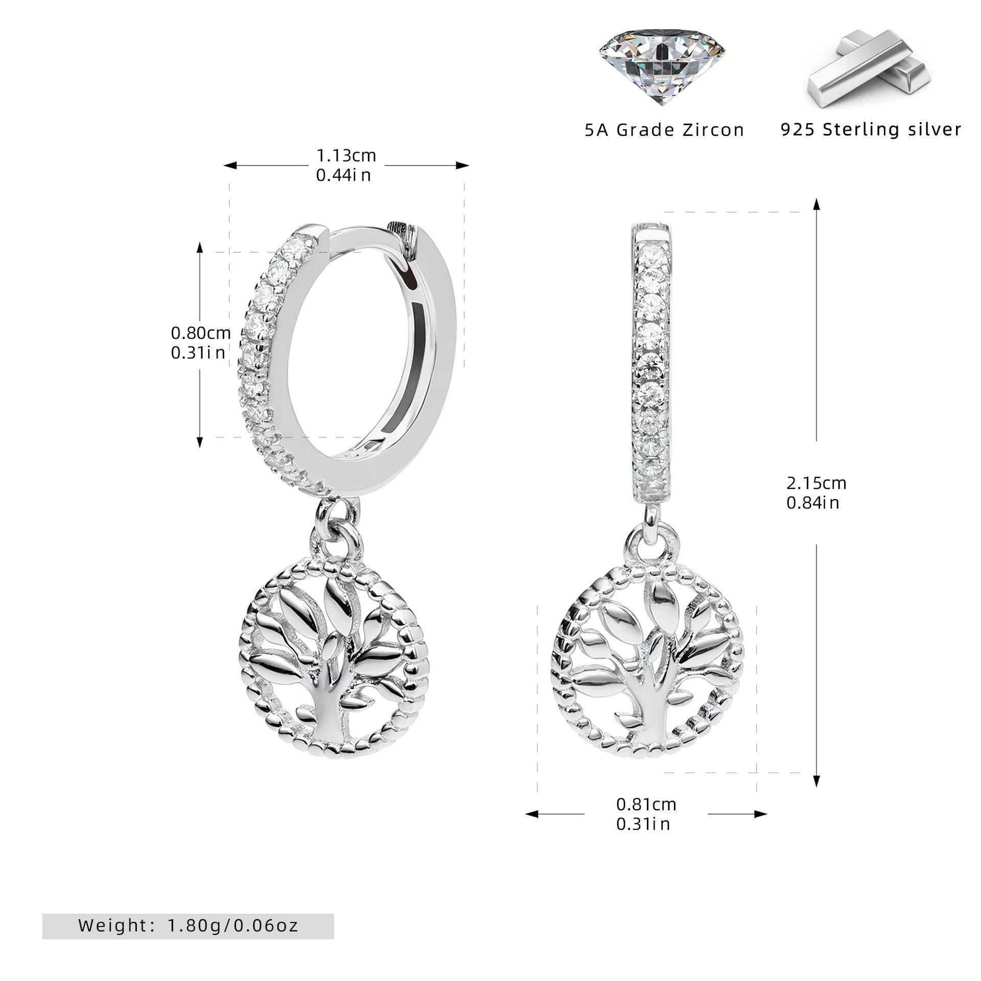 Damen Ohrhänger mit filigranem Baum-Motiv aus 925 Sterling Silber und funkelnden Zirkonia Shop Nory