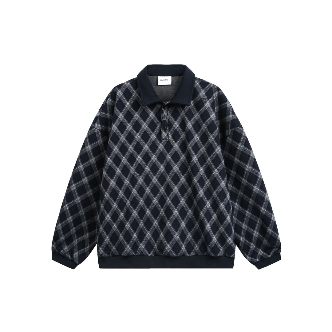 Damen Karierter Oversize‑Polo‑Pullover mit Halbknopfleiste und Rippbündchen Shop Nory