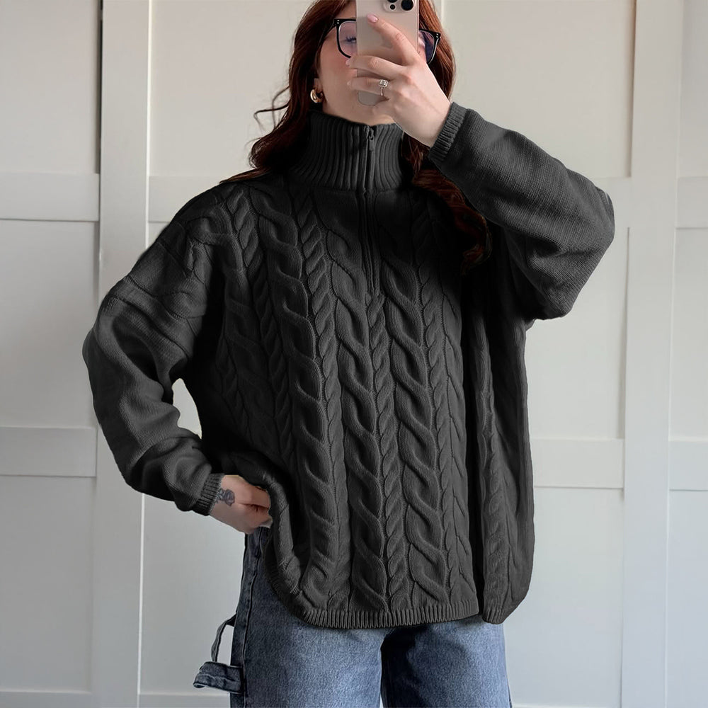 Damen nan oversized Zopfmuster-Troyer mit halbem Reißverschluss, hohem Stehkragen und gerundetem Saum Shop Nory