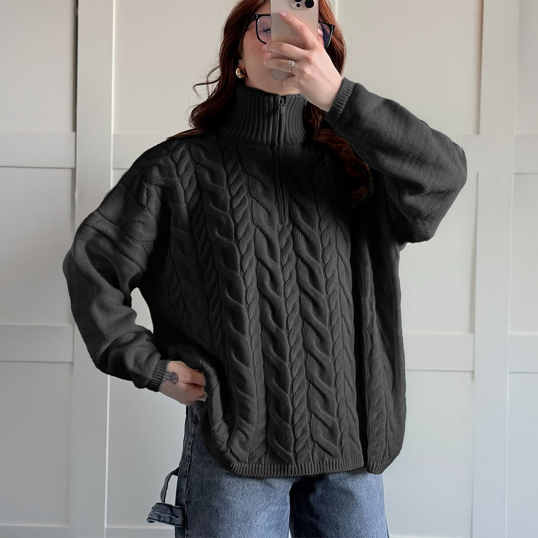 Damen nan oversized Zopfmuster-Troyer mit halbem Reißverschluss, hohem Stehkragen und gerundetem Saum Shop Nory