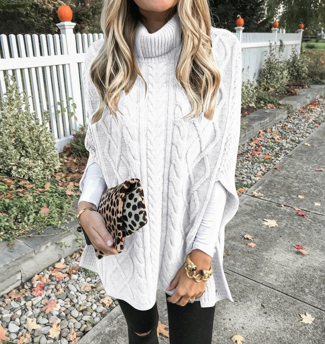 Damen Strickponcho mit hohem Kragen und aufwendigem Zopfmuster