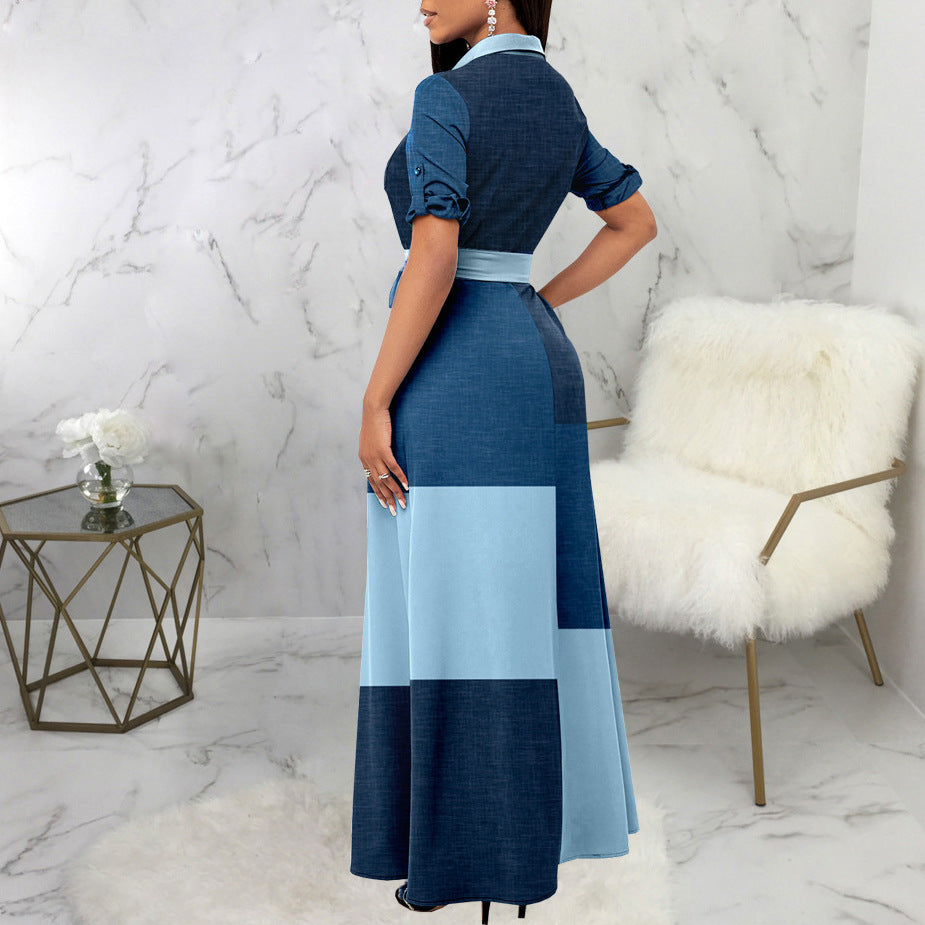 Damen Maxikleid Hemdblusenstil mit Taillengürtel und Blockpatch-Design Shop Nory