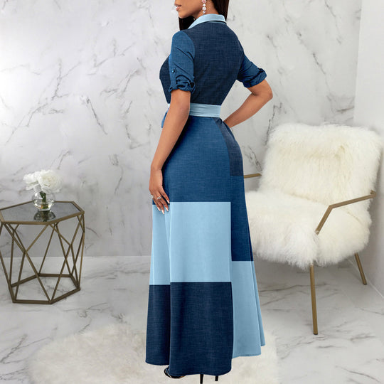 Damen Maxikleid Hemdblusenstil mit Taillengürtel und Blockpatch-Design Shop Nory