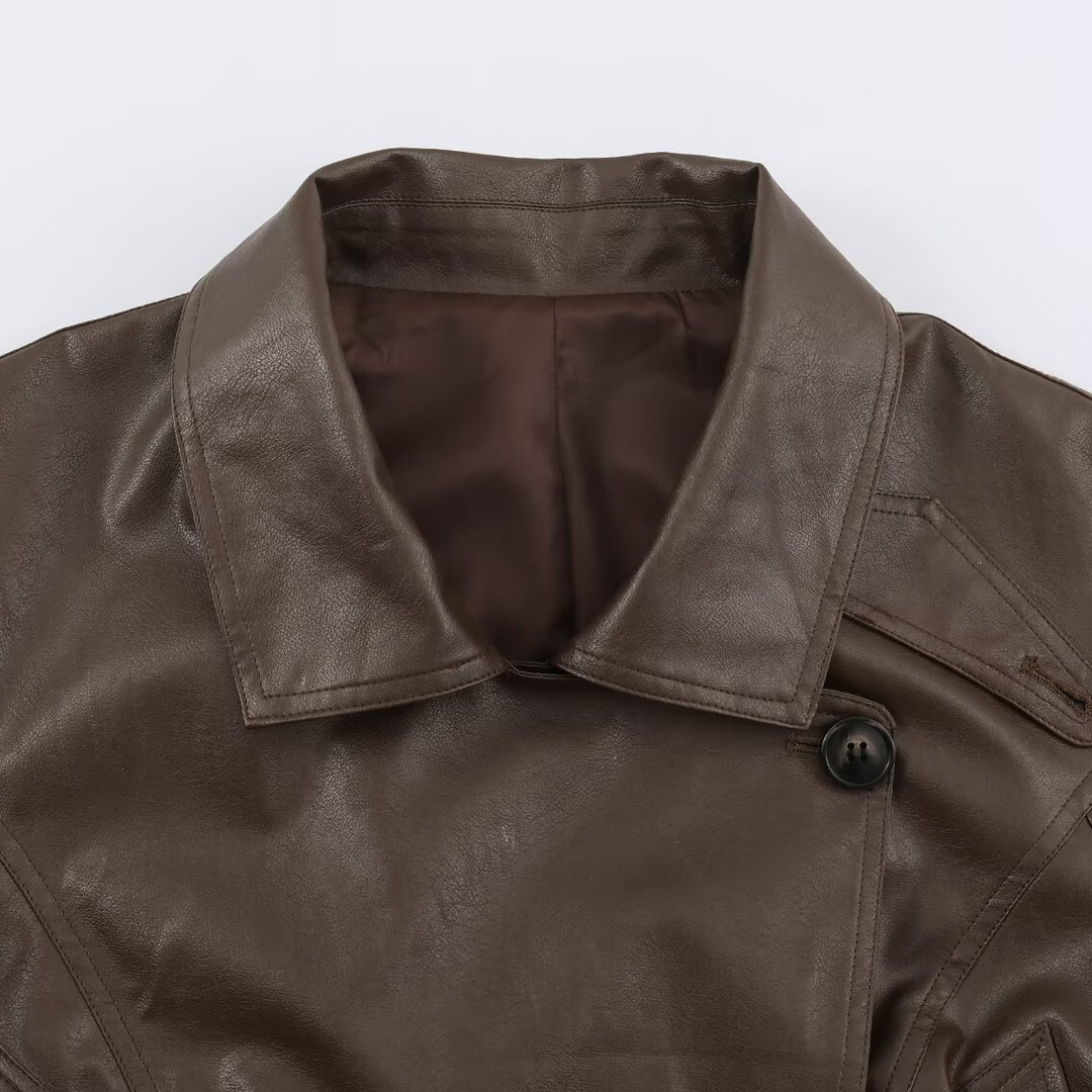 Damen Kurzjacke aus Lederoptik mit Bindegürtel und asymmetrischer Knopfleiste Shop Nory