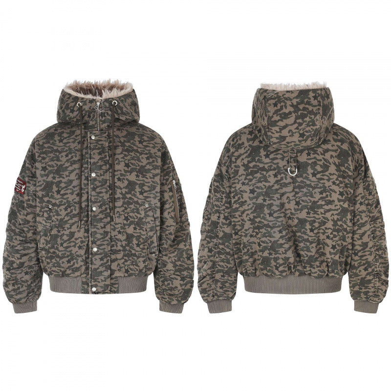 Unisex Weitgeschnittene wattierte Bomberjacke mit Kapuze und Kunstfellbesatz Shop Nory