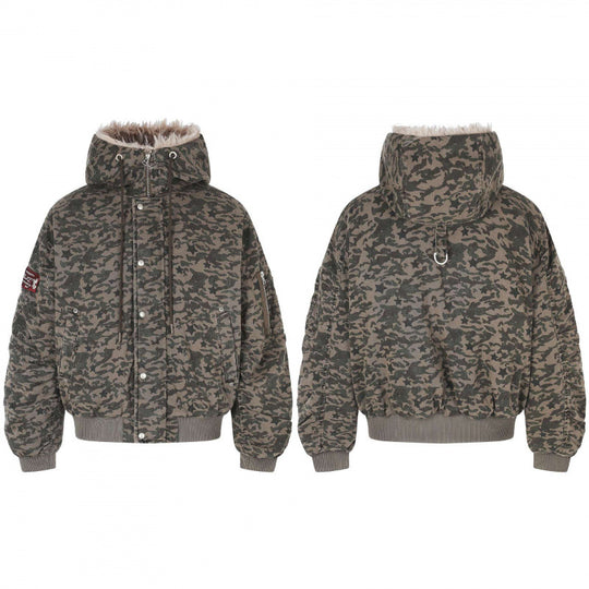 Unisex Weitgeschnittene wattierte Bomberjacke mit Kapuze und Kunstfellbesatz Shop Nory