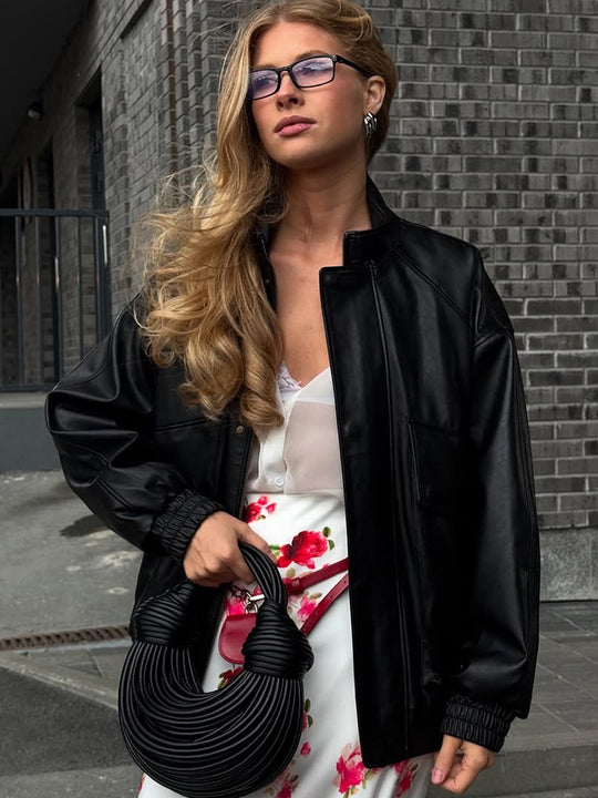 Damen Boxy-Lederimitat-Blouson mit Stehkragen und gerafften Bündchen Shop Nory